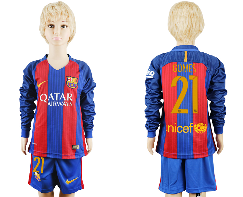 2016-17 Barcelona 21 GOMES Home Youth Long Sleeve Soccer Jersey