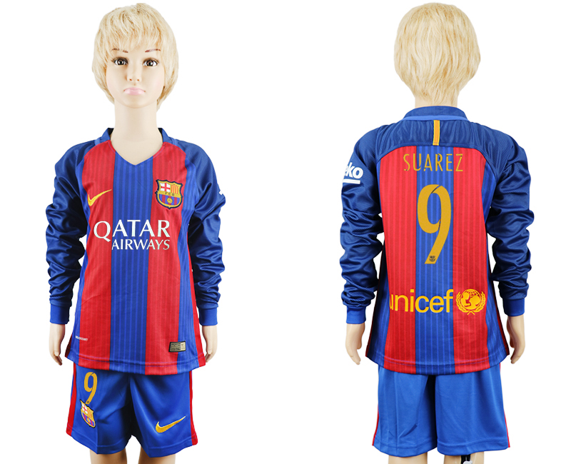 2016-17 Barcelona 9 SUAREZ Home Youth Long Sleeve Soccer Jersey