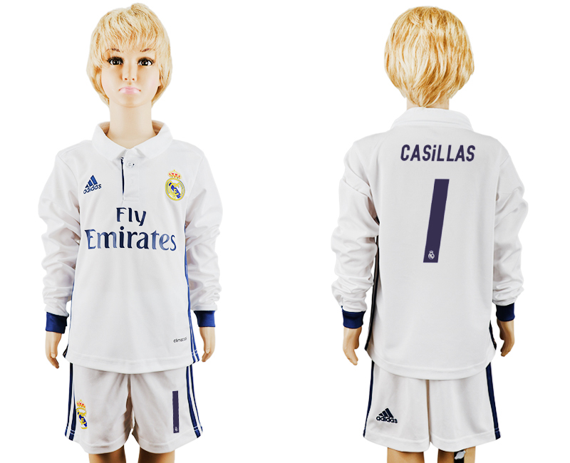 2016-17 Real Madrid 1 CASILLAS Home Youth Long Sleeve Soccer Jersey