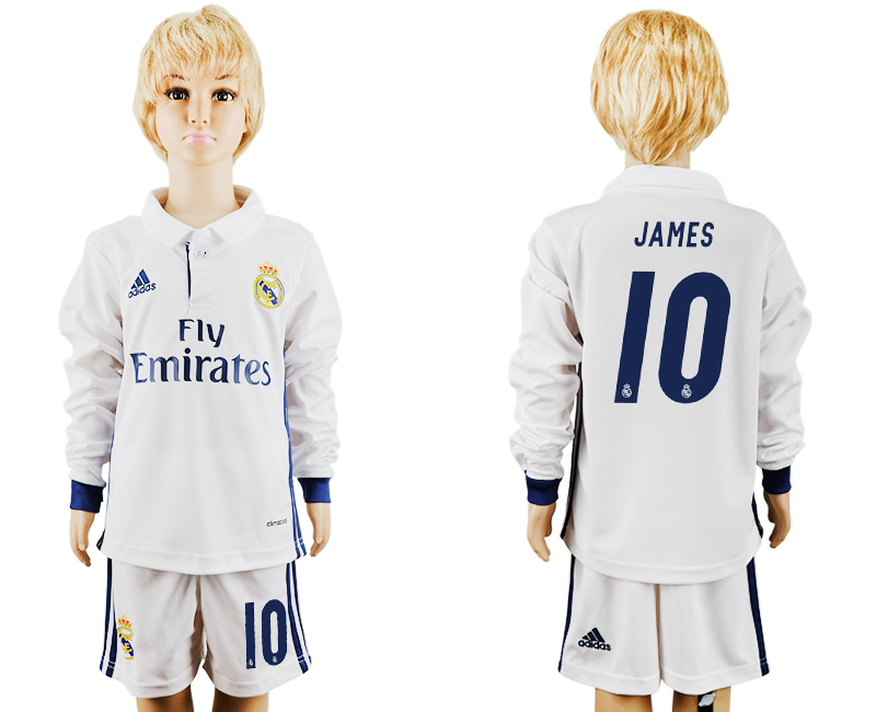 2016-17 Real Madrid 10 JAMES Home Youth Long Sleeve Soccer Jersey