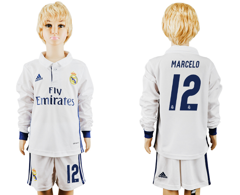 2016-17 Real Madrid 12 MARCELO Home Youth Long Sleeve Soccer Jersey