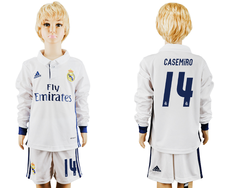 2016-17 Real Madrid 14 CASEMIRO Home Youth Long Sleeve Soccer Jersey