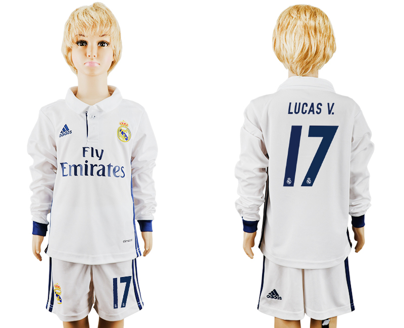 2016-17 Real Madrid 17 LUCAS V. Home Youth Long Sleeve Soccer Jersey 2016-17 Real Madrid 17 LUCAS V. Home Youth Long Sleeve Soccer Jersey