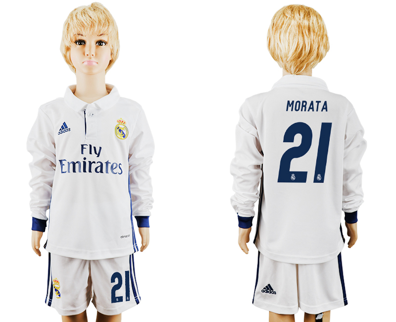 2016-17 Real Madrid 21 MORATA Home Youth Long Sleeve Soccer Jersey
