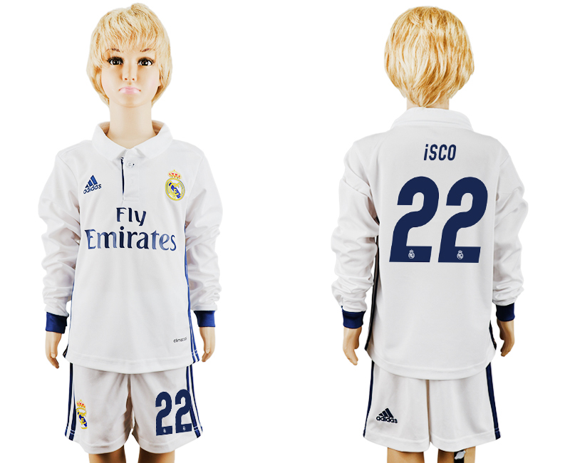 2016-17 Real Madrid 22 ISCO Home Youth Long Sleeve Soccer Jersey