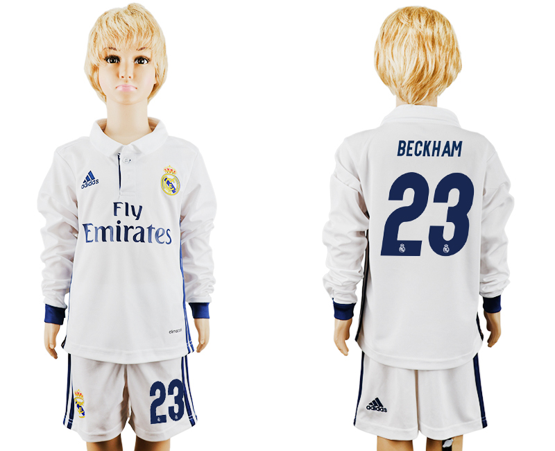 2016-17 Real Madrid 23 BECKHAM Home Youth Long Sleeve Soccer Jersey
