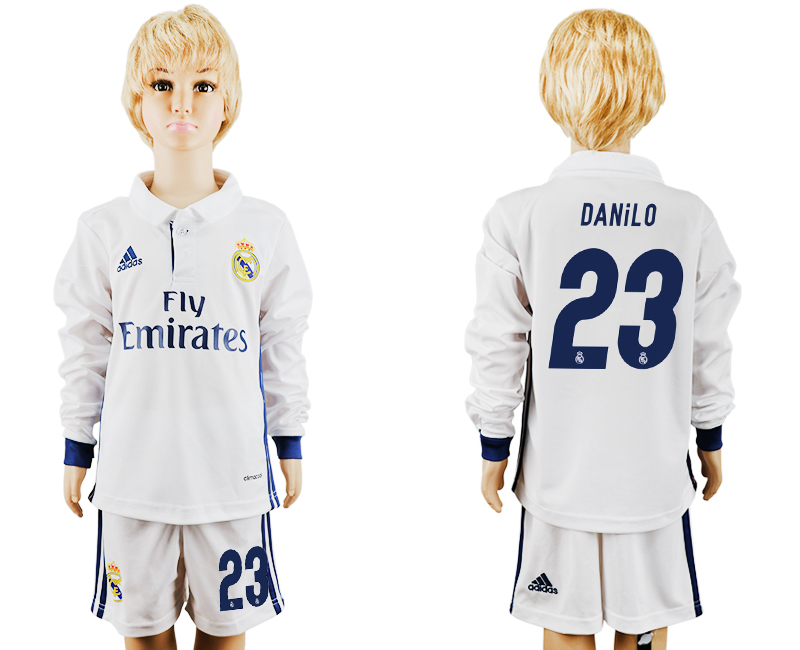 2016-17 Real Madrid 23 DANILO Home Youth Long Sleeve Soccer Jersey