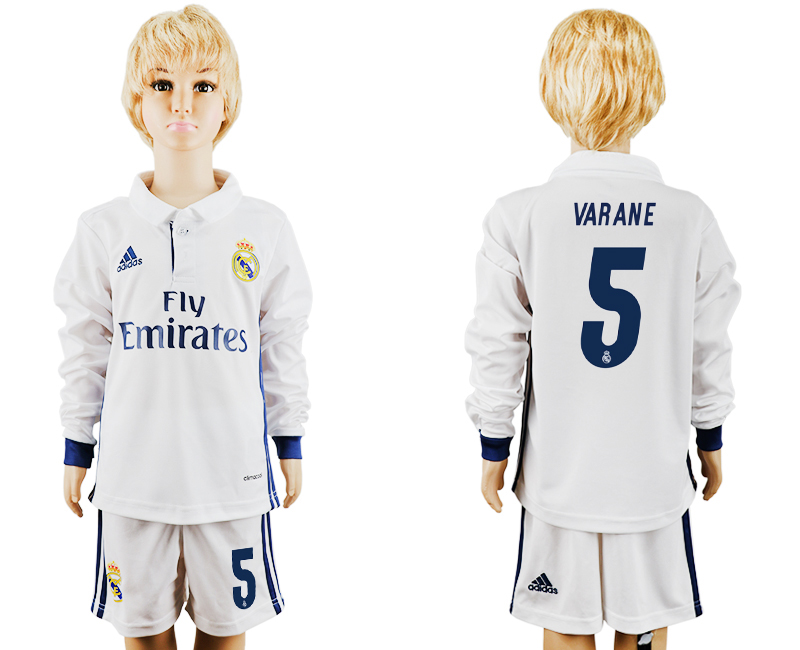 2016-17 Real Madrid 5 VARANE Home Youth Long Sleeve Soccer Jersey