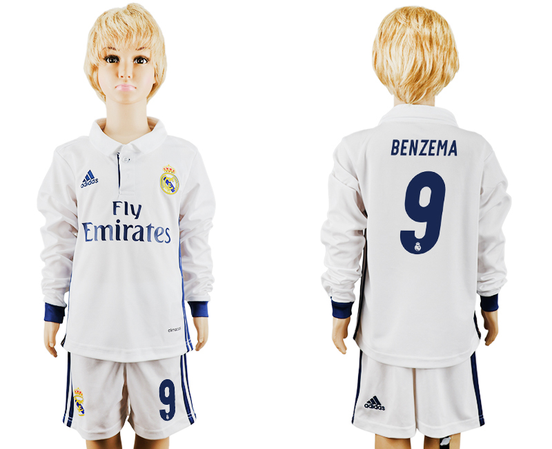 2016-17 Real Madrid 9 BENZEMA Home Youth Long Sleeve Soccer Jersey