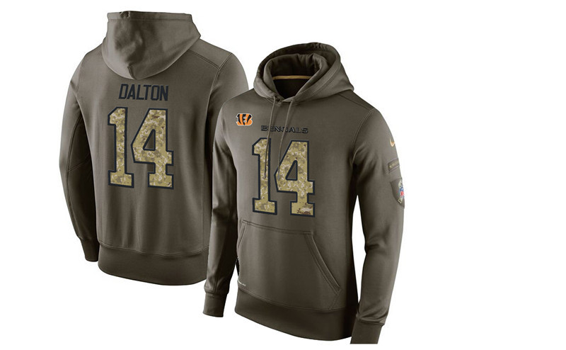 Nike Bengals 14 Andy Dalton Olive Green Salute To Service Pullover Hoodie - Click Image to Close