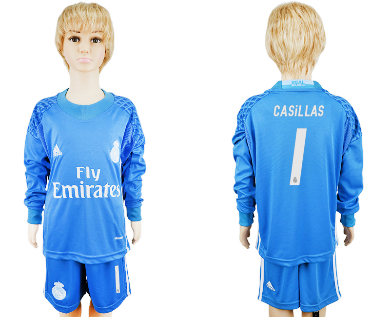 2016-17 Real Madrid 1 CASILLAS Goalkeeper Youth Long Sleeve Soccer Jersey