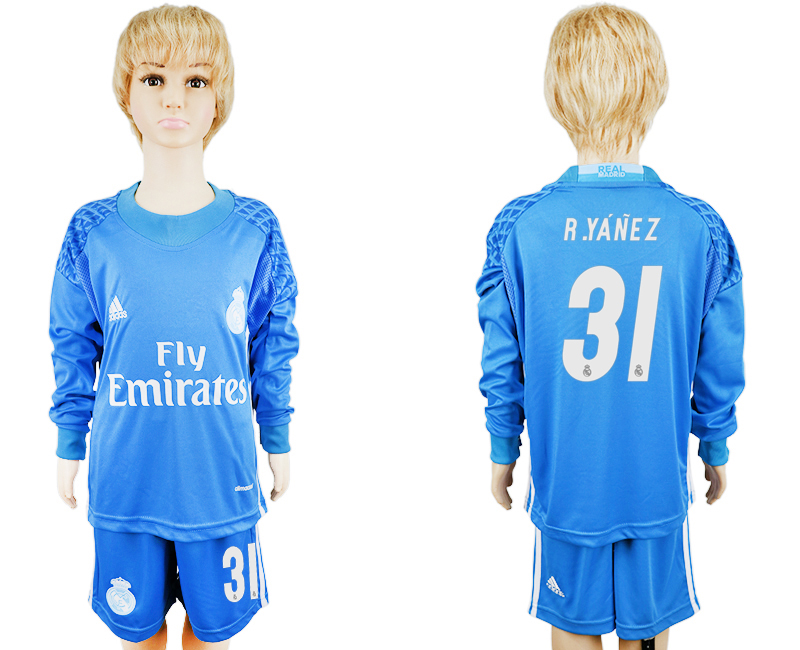 2016-17 Real Madrid 31 R.YANEZ Goalkeeper Youth Long Sleeve Soccer Jersey