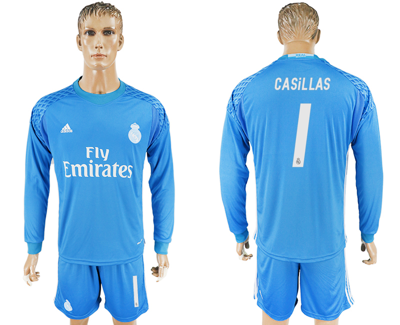 2016-17 Real Madrid 1 CASILLAS Sky Blue Goalkeeper Long Sleeve Soccer Jersey