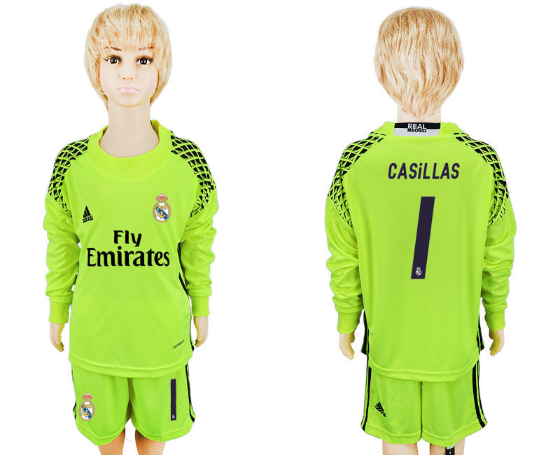 2016-17 Real Madrid 1 CASILLAS Fluorescent Green Youth Long Sleeve Goalkeeper Soccer Jersey