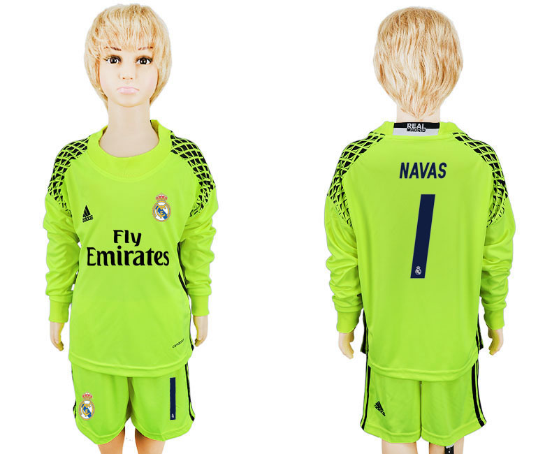 2016-17 Real Madrid 1 NAVAS Fluorescent Green Youth Long Sleeve Goalkeeper Soccer Jersey