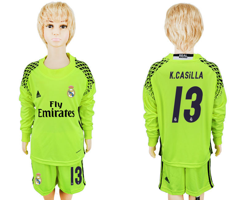 2016-17 Real Madrid 13 K.CASILLA Fluorescent Green Youth Long Sleeve Goalkeeper Soccer Jersey