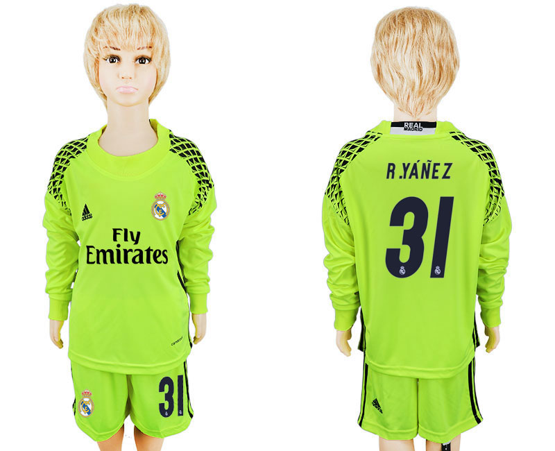 2016-17 Real Madrid 31 R.YANEZ Fluorescent Green Youth Long Sleeve Goalkeeper Soccer Jersey 2016-17 Real Madrid 31 R.YANEZ Fluorescent Green Youth Long Sleeve Goalkeeper Soccer Jersey