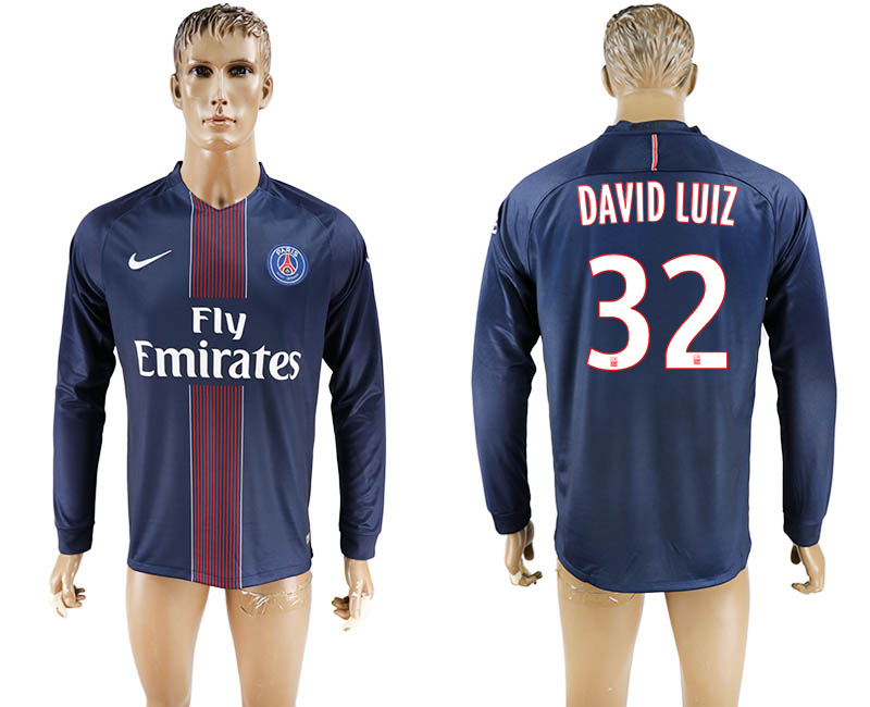 2016-17 Paris Saint-Germain 32 DAVID LUIZ Home Long Sleeve Thailand Soccer Jersey