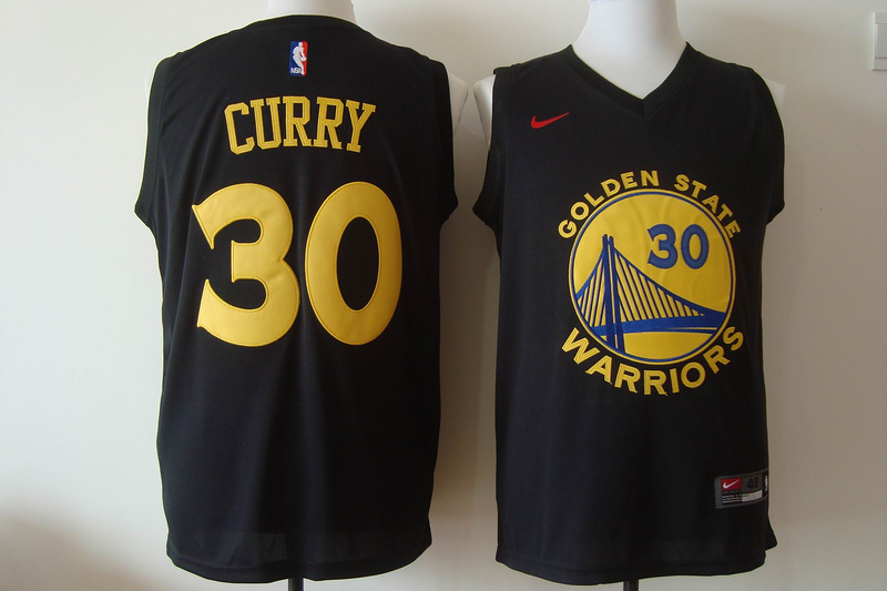 Warriors 30 Stephen Curry Black Gold Lettering Nike Jersey
