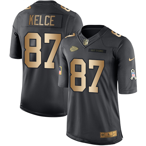 Nike Chiefs 87 Travis Kelce Anthracite Gold Salute to Service Limited Jersey