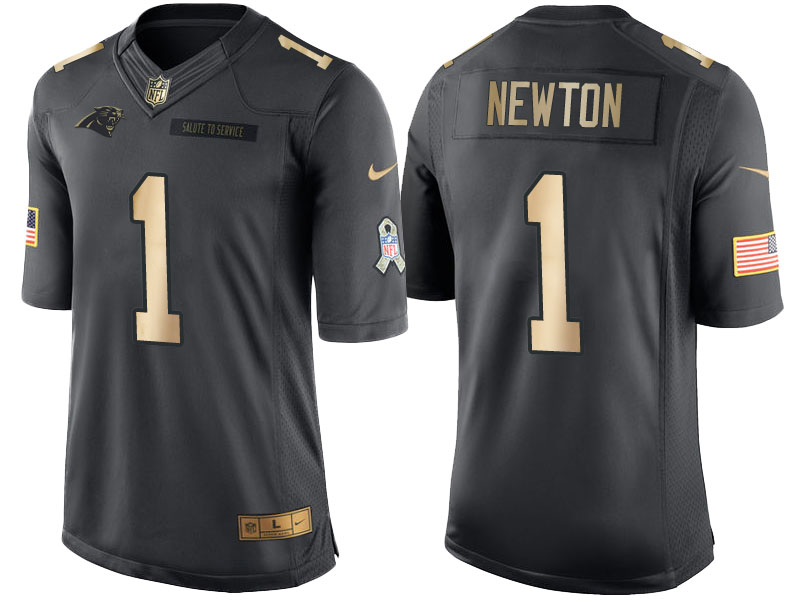 Nike Panthers 1 Cam Newton Anthracite Gold Salute to Service Limited Jersey - Click Image to Close