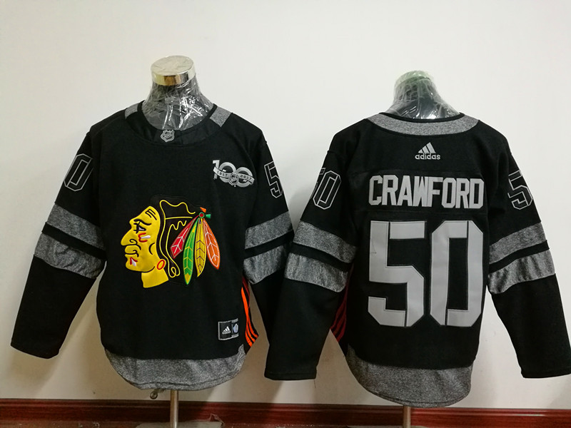 Blackhawks 50 Corey Crawford Black 1917-2017 100th Anniversary Adidas Jersey