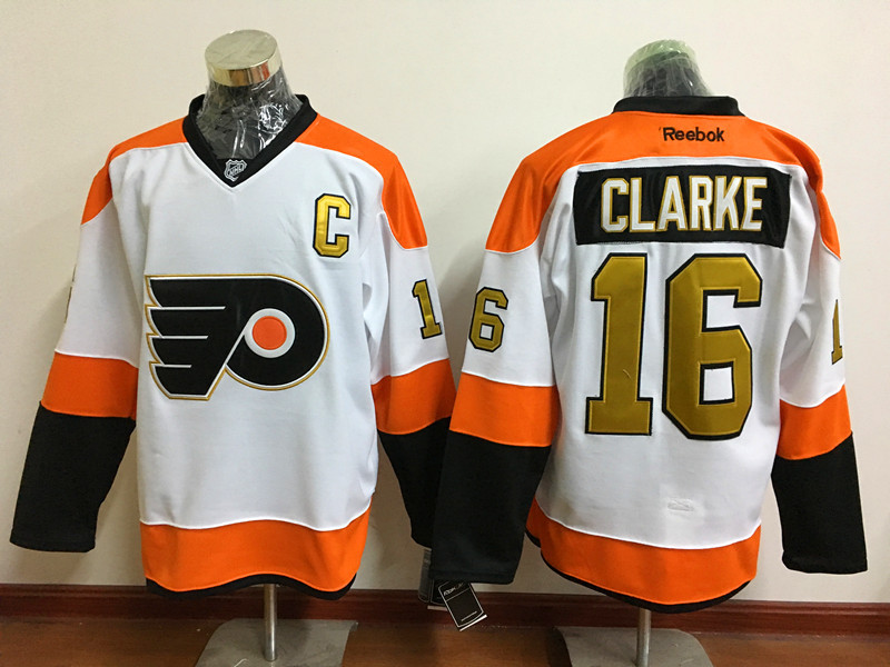 Flyers 16 Bobby Clarke White With 50th Anniversary Patch Reebok Jersey