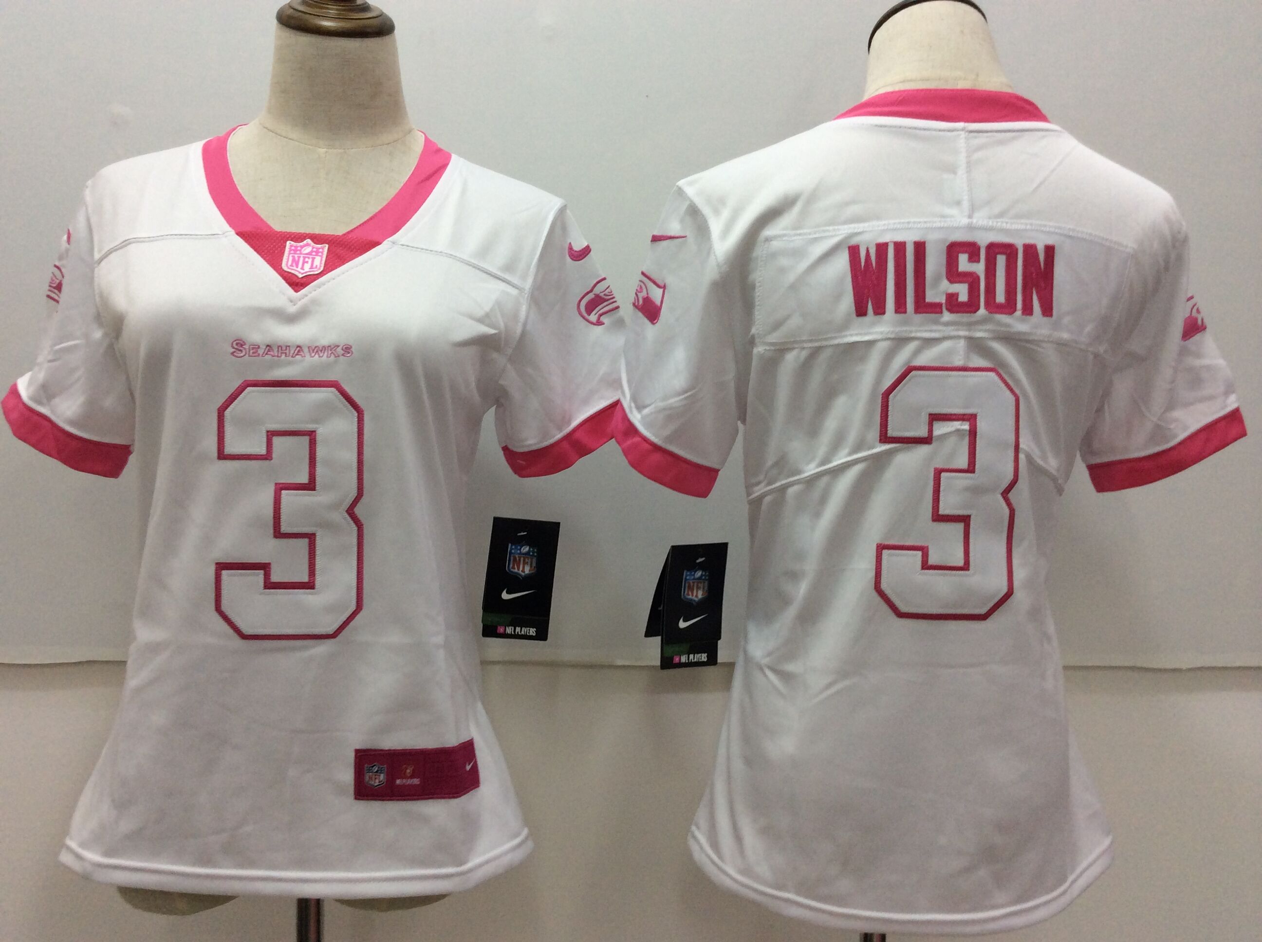 Nike Seahawks 3 Russell Wilson White Pink Women Color Rush Limited Jersey