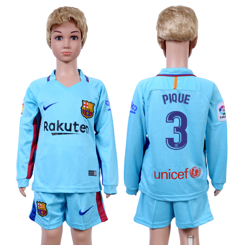 2017-18 Barcelona 3 PIQUE Away Youth Long Sleeve Soccer Jersey