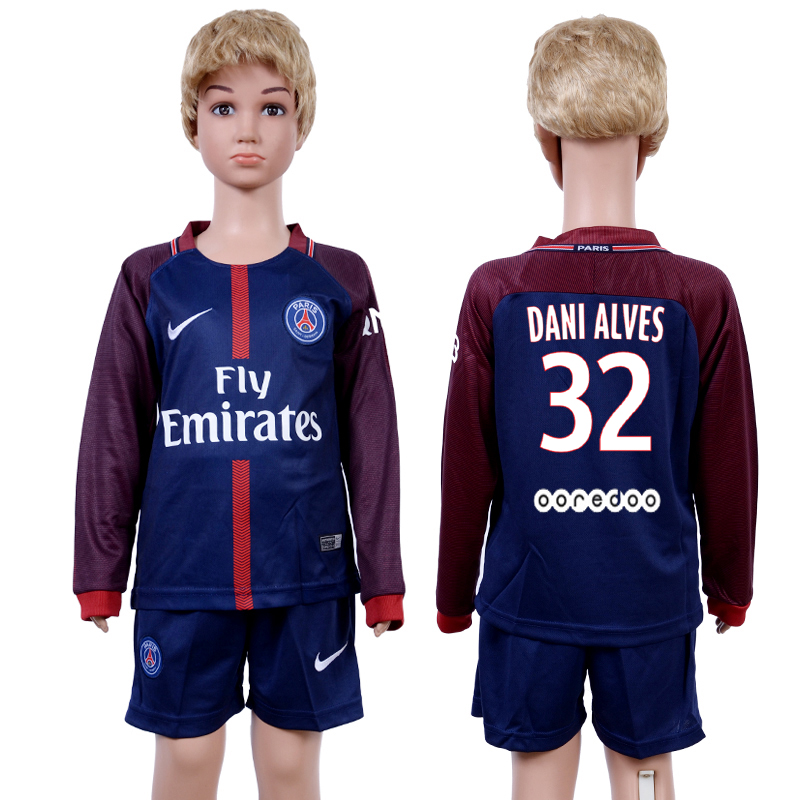 2017-18 Paris Saint-Germain 32 DANI ALVES Home Youth Long Sleeve Soccer Jersey
