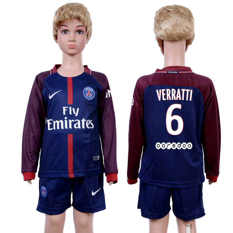 2017-18 Paris Saint-Germain 6 VERRATTI Home Youth Long Sleeve Soccer Jersey