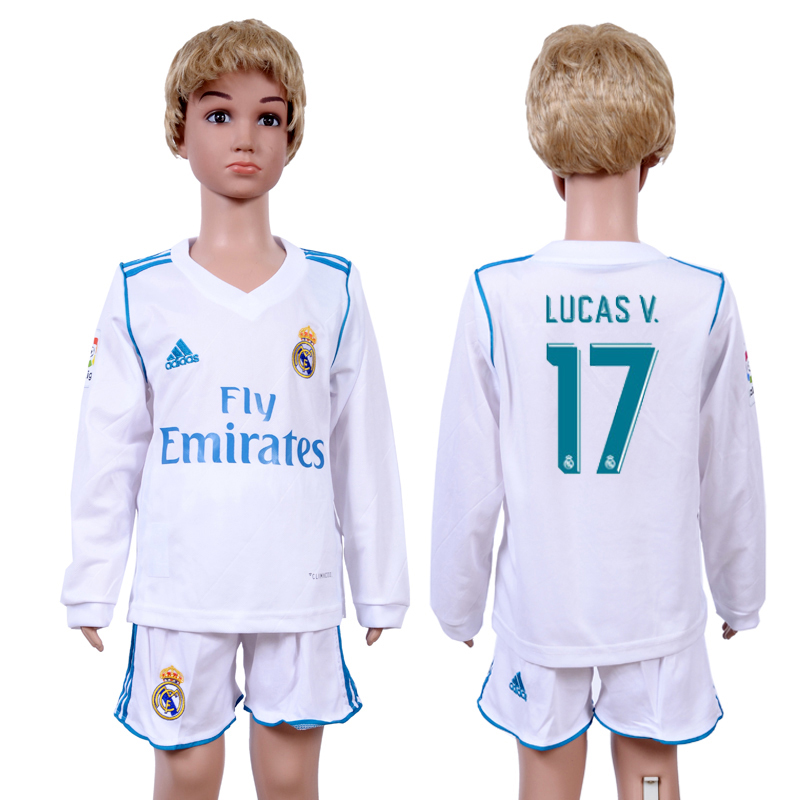 2017-18 Real Madrid 17 LUCAS V. Home Youth Long Sleeve Soccer Jersey