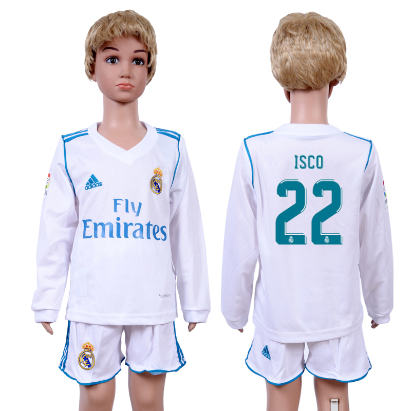 2017-18 Real Madrid 22 ISCO Home Youth Long Sleeve Soccer Jersey