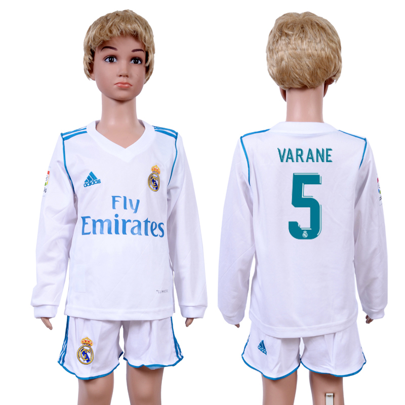 2017-18 Real Madrid 5 VARANE Home Youth Long Sleeve Soccer Jersey