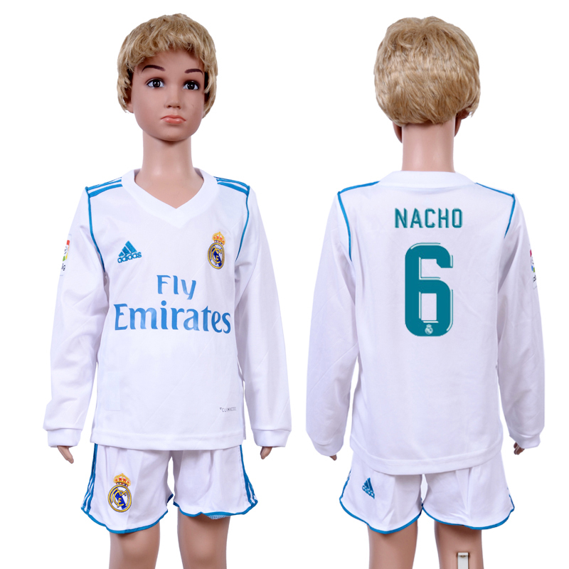 2017-18 Real Madrid 6 NACHO Home Youth Long Sleeve Soccer Jersey
