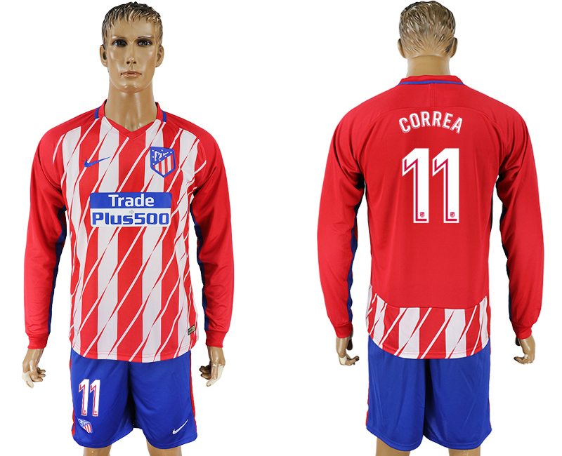 2017-18 Atletico Madrid 11 CORREA Home Long Sleeve Soccer Jersey