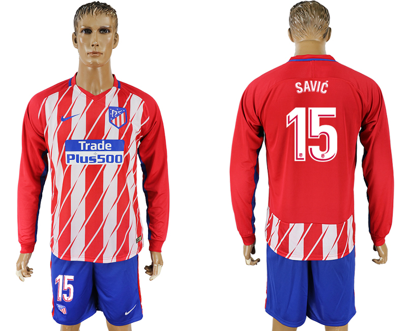 2017-18 Atletico Madrid 15 SAVIC Home Long Sleeve Soccer Jersey