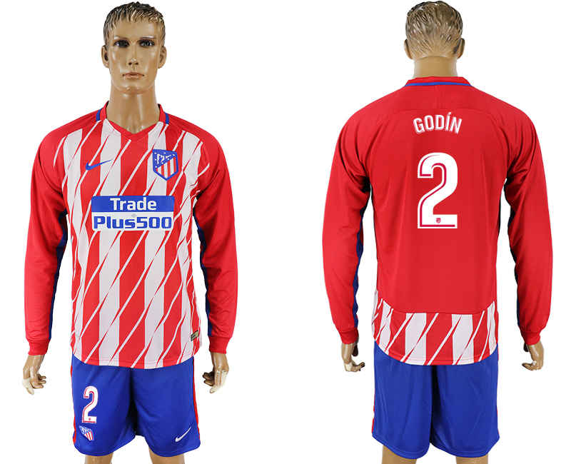 2017-18 Atletico Madrid 2 GODIN Home Long Sleeve Soccer Jersey