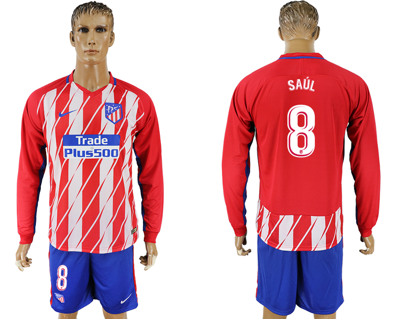 2017-18 Atletico Madrid 8 SAUL Home Long Sleeve Soccer Jersey
