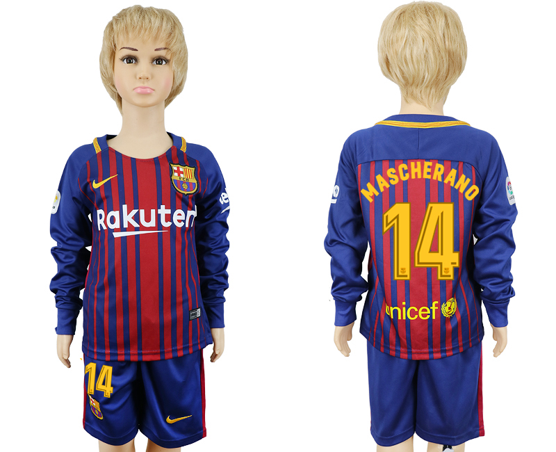 2017-18 Barcelona 14 MASCHERANO Youth Home Long Sleeve Soccer Jersey