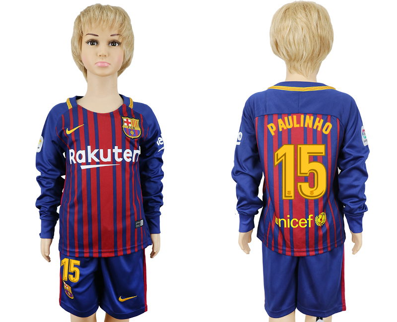 2017-18 Barcelona 15 PAULINHO Youth Home Long Sleeve Soccer Jersey