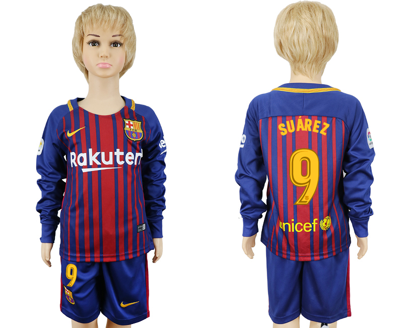 2017-18 Barcelona 9 SUAREZ Youth Home Long Sleeve Soccer Jersey