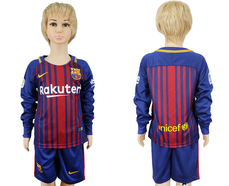 2017-18 Barcelona Youth Home Long Sleeve Soccer Jersey