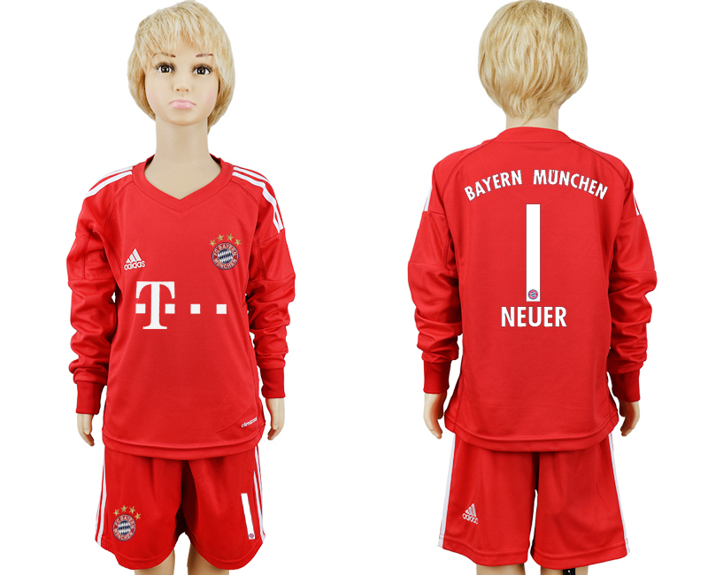 2017-18 Bayern Munich 1 NEUER Red Youth Long Sleeve Goalkeeper Soccer Jersey 2017-18 Bayern Munich 1 NEUER Red Youth Long Sleeve Goalkeeper Soccer Jersey