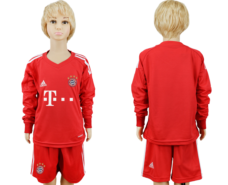 2017-18 Bayern Munich Red Youth Long Sleeve Goalkeeper Soccer Jersey