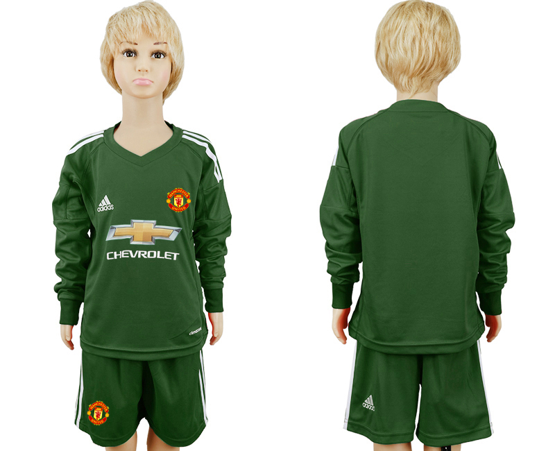 2017-18 Manchester United Military Green Youth Long Sleeve Goalkeeper Soccer Jersey