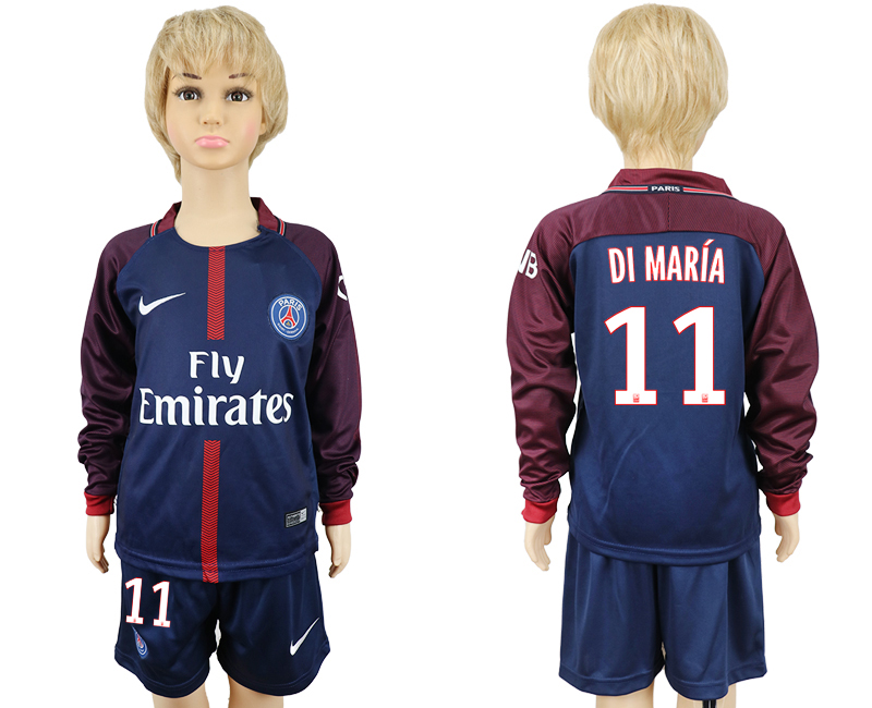 2017-18 Paris Saint-Germain 11 DI MARIA Youth Home Long Sleeve Soccer Jersey