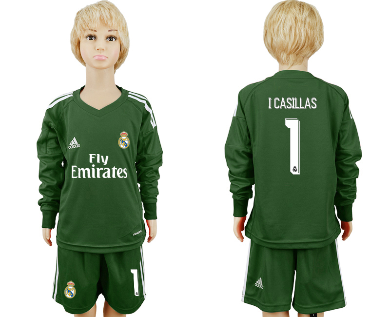 2017-18 Real Madrid 1 I. CASILLAS Military Green Youth Long Sleeve Goalkeeper Soccer Jersey