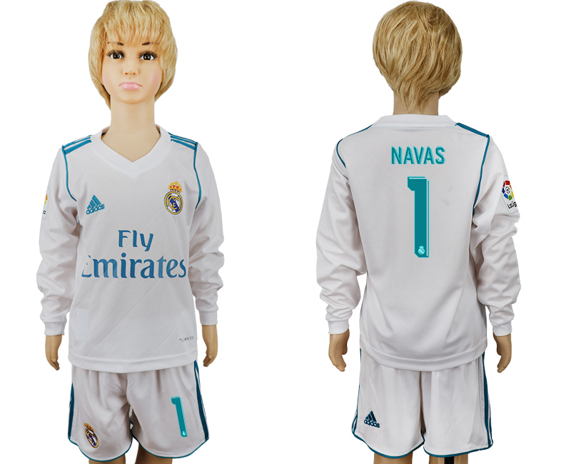 2017-18 Real Madrid 1 NAVAS Home Youth Long Sleeve Soccer Jersey