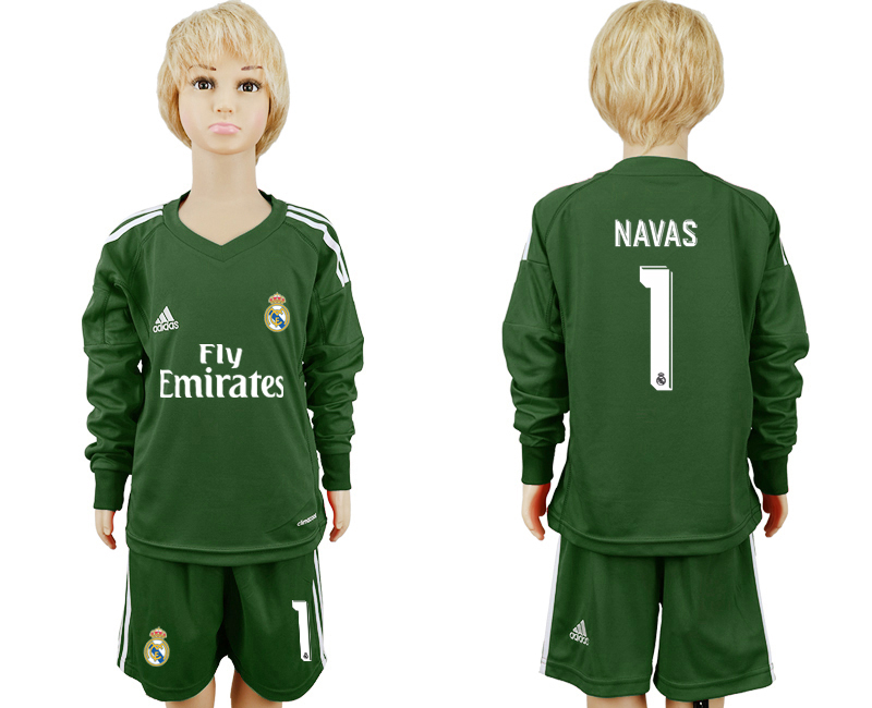2017-18 Real Madrid 1 NAVAS Military Green Youth Long Sleeve Goalkeeper Soccer Jersey